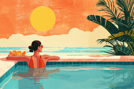 a swimming holiday illustration with an attractive woman in a hat lounging in the pool.の素材