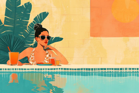 a swimming holiday illustration with an attractive woman in a hat lounging in the pool.の素材