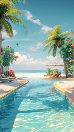 a swimming holiday illustration with an attractive woman in a hat lounging in the pool.の素材