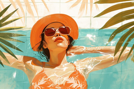 a swimming holiday illustration with an attractive woman in a hat lounging in the pool.の素材