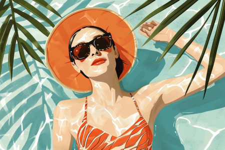 a swimming holiday illustration with an attractive woman in a hat lounging in the pool.の素材