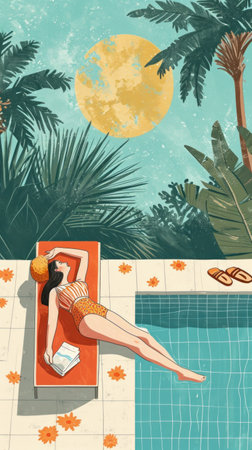 a swimming holiday illustration with an attractive woman in a hat lounging in the pool.の素材