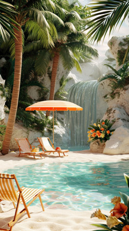a swimming holiday illustration with an attractive woman in a hat lounging in the pool.の素材
