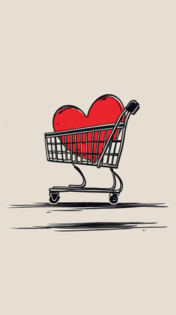 icon of a shopping cart with a heart inside it,shopping conceptの素材