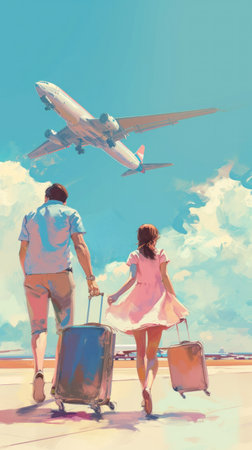 couple traveling with suitcase on vacation in beautiful background, time to travel.の素材