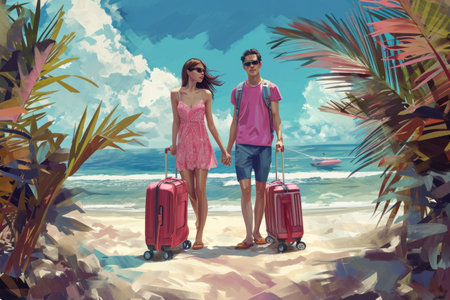 couple traveling with suitcase on vacation in beautiful background, time to travel.の素材