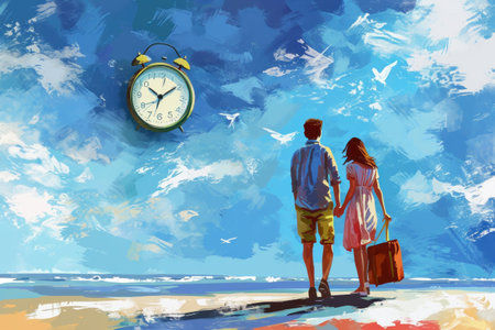 couple traveling with suitcase on vacation in beautiful background, time to travel.の素材