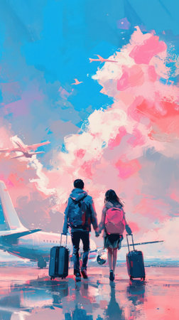 couple traveling with suitcase on vacation in beautiful background, time to travel.の素材