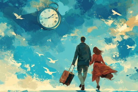 couple traveling with suitcase on vacation in beautiful background, time to travel.の素材