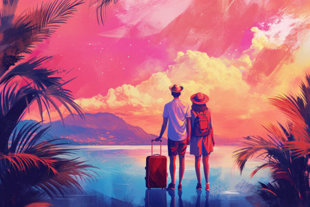 couple traveling with suitcase on vacation in beautiful background, time to travel.の素材