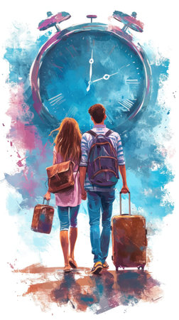couple traveling with suitcase on vacation in beautiful background, time to travel.の素材