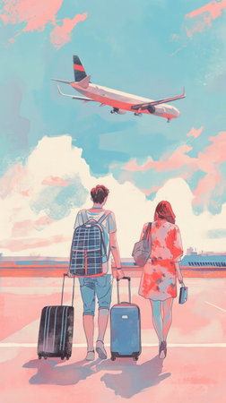 couple traveling with suitcase on vacation in beautiful background, time to travel.の素材