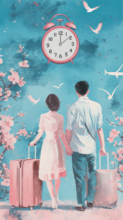 couple traveling with suitcase on vacation in beautiful background, time to travel.の素材