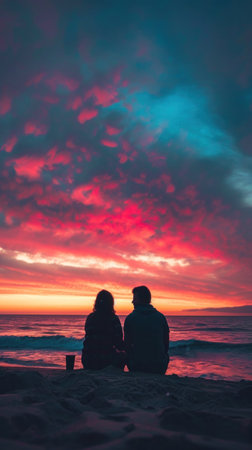 silhouette of couple at sunset, couple in love.の素材