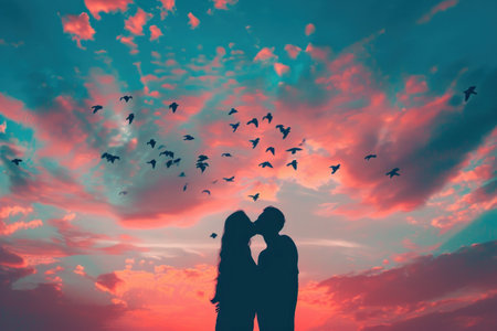 silhouette of couple at sunset, couple in love.の素材
