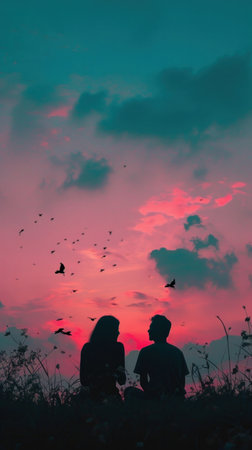 silhouette of couple at sunset, couple in love.の素材