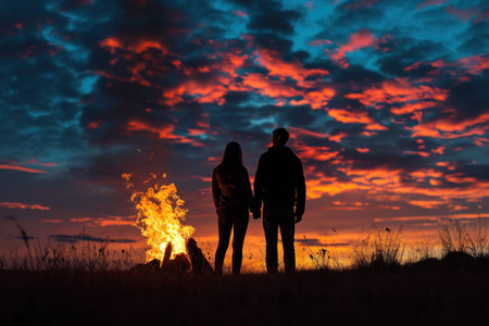 silhouette of couple at sunset, couple in love.の素材