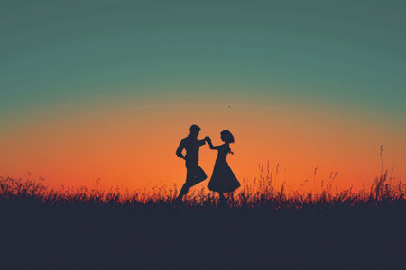 two people who are dancing at sunset, in the style of cute and dreamy.の素材