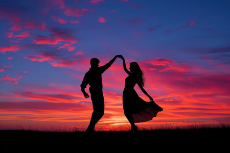 two people who are dancing at sunset, in the style of cute and dreamy.の素材