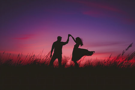 two people who are dancing at sunset, in the style of cute and dreamy.の素材
