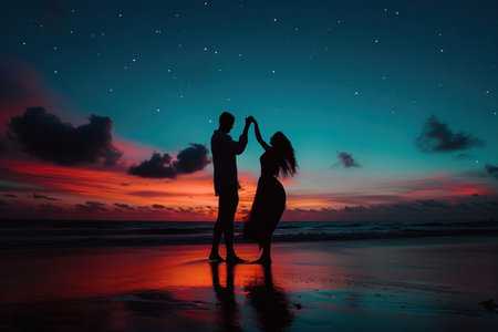 two people who are dancing at sunset, in the style of cute and dreamy.の素材