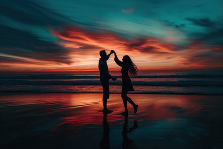 two people who are dancing at sunset, in the style of cute and dreamy.の素材