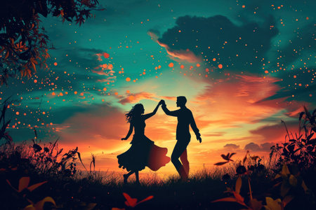 two people who are dancing at sunset, in the style of cute and dreamy.の素材