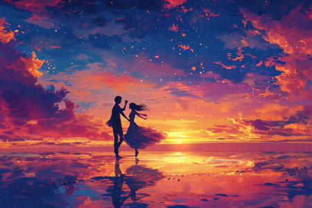 two people who are dancing at sunset, in the style of cute and dreamy.の素材