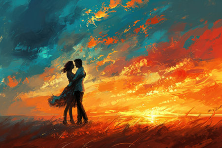 two people who are dancing at sunset, in the style of cute and dreamy.の素材