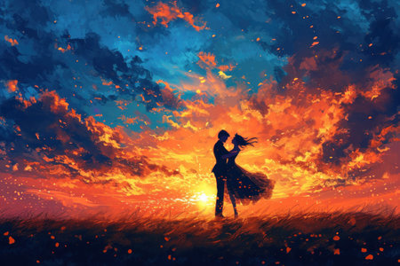 two people who are dancing at sunset, in the style of cute and dreamy.の素材