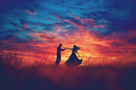 two people who are dancing at sunset, in the style of cute and dreamy.の素材