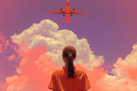 a plane flying past a girl, in the style of pop inspo.の素材
