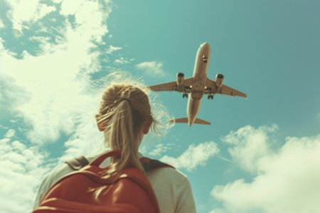 a plane flying past a girl, in the style of pop inspo.の素材