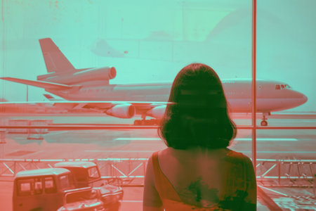 a plane flying past a girl, in the style of pop inspo.の素材