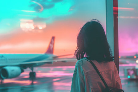 a plane flying past a girl, in the style of pop inspo.の素材