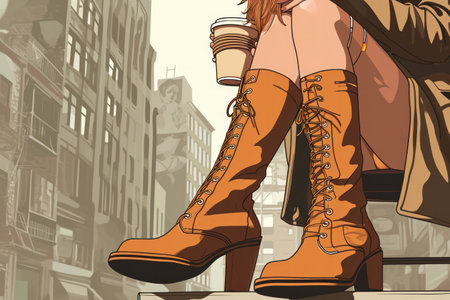 an illustration of a woman walking on the new york street with a coffee cup,busy bussiness woman concept.の素材