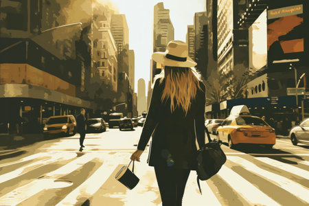 an illustration of a woman walking on the new york street with a coffee cup,busy bussiness woman concept.の素材