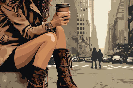 an illustration of a woman walking on the new york street with a coffee cup,busy bussiness woman concept.の素材
