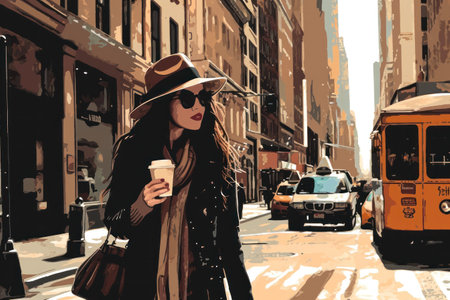 an illustration of a woman walking on the new york street with a coffee cup,busy bussiness woman concept.の素材