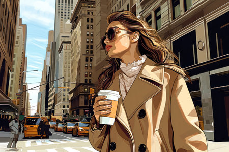 an illustration of a woman walking on the new york street with a coffee cup,busy bussiness woman concept.の素材