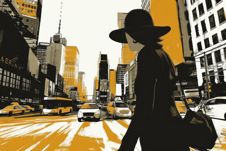 an illustration of a woman walking on the new york street with a coffee cup,busy bussiness woman concept.の素材