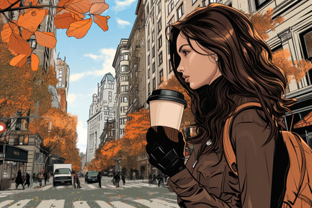 an illustration of a woman walking on the new york street with a coffee cup,busy bussiness woman concept.の素材
