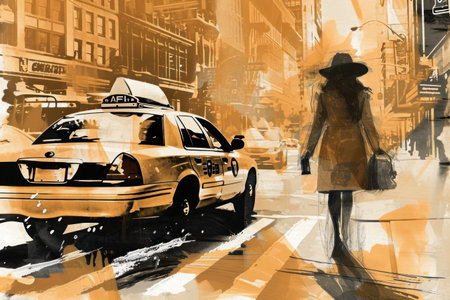 an illustration of a woman walking on the new york street with a coffee cup,busy bussiness woman concept.の素材