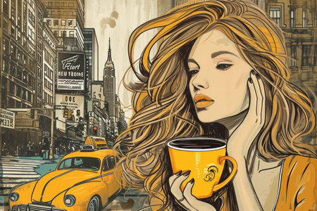 an illustration of a woman walking on the new york street with a coffee cup,busy bussiness woman concept.の素材