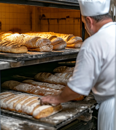 an oven worker preparing several loaves of bread.の素材