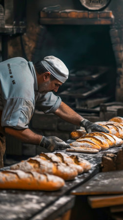 an oven worker preparing several loaves of bread.の素材