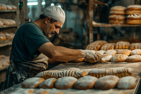 an oven worker preparing several loaves of bread.の素材