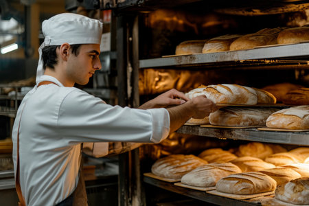 an oven worker preparing several loaves of bread.の素材