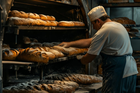 an oven worker preparing several loaves of bread.の素材