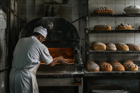 an oven worker preparing several loaves of bread.の素材